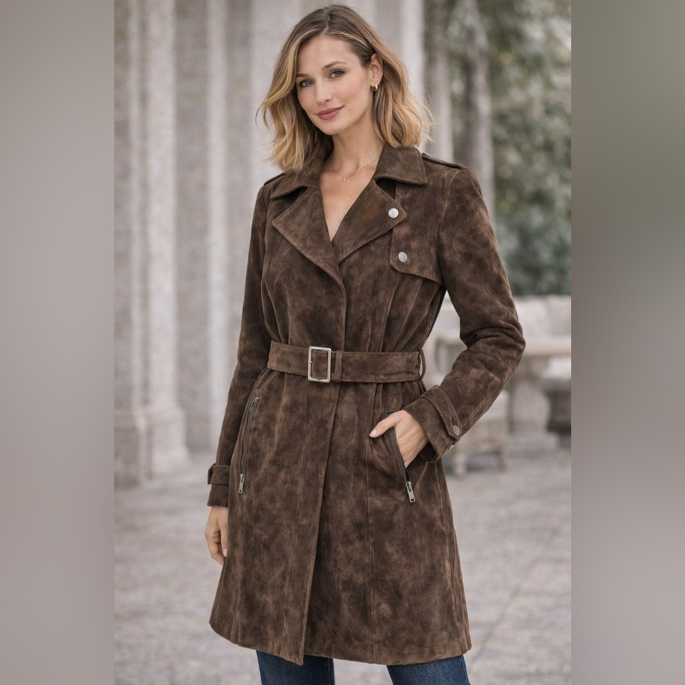 Bradley Bayou Leather Trench Coat Brown Belted Moto Jacket Womens 2X